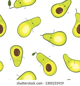 Seamless pattern with avocado in hand drawn style. Funny vector illustration with cute cartoon characters. Natural, organic and healthy food. For product packaging, advertising, textiles, etc.