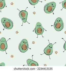 Seamless pattern with avocado in hand drawn style. Funny vector illustration with cute repeat pattern.