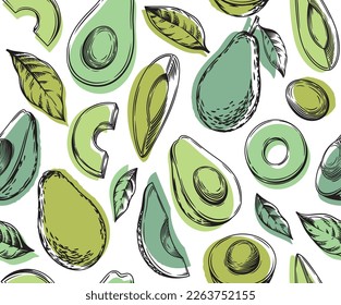 Patrón sin foco con aguacate. Alimentos veganos sanos. Ilustración de vectores para textiles, envasado de alimentos y cosméticos.