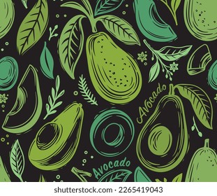 Seamless pattern with avocado. Healthy vegan food. Stamp printing. Hand drawn vector illustration in vintage style. Graphic fruits isolated on a background. Wood block print elements.