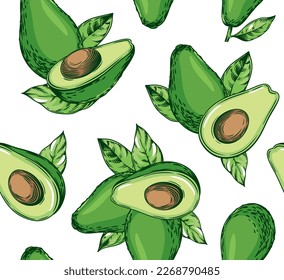 Nahtloses Muster mit Avocado. Gesundes veganisches Essen. Vektorhandgezeichnete Illustration für Textilien, Lebensmittelverpackungen und Kosmetika.