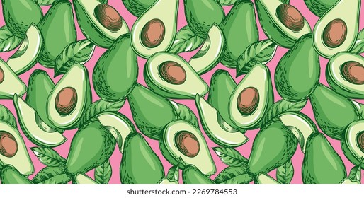 Patrón sin foco con aguacate. Alimentos veganos sanos. Ilustración dibujada a mano por vectores.