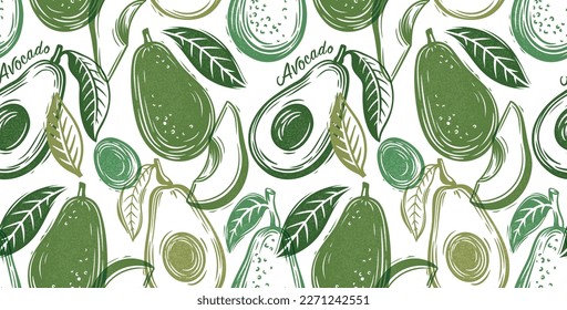 Seamless pattern with avocado. Healthy vegan food. Stamp printing. Hand drawn vector illustration in vintage style. Graphic fruits isolated on a background. Wood block print elements.