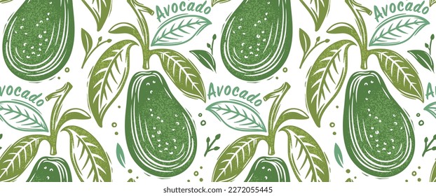 Seamless pattern with avocado. Healthy vegan food. Stamp printing. Hand drawn vector illustration in vintage style. Graphic fruits isolated on a background. Wood block print elements.