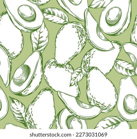 Seamless pattern with avocado. Healthy vegan food. Vector monochrome hand drawn illustration.