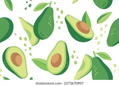 Seamless pattern with avocado. Healthy vegan food. Whole avocado, halves of avocado and leaves. Botanical elements isolated on a white background. Vector abstract modern illustration.