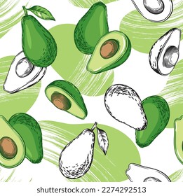 Seamless pattern with avocado. Healthy vegan food. Vector colored hand drawn illustration for textile, food packaging and cosmetics.