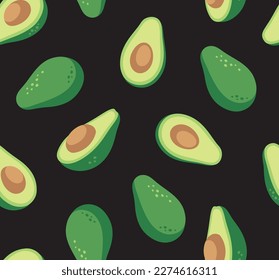 Seamless pattern with avocado. Healthy vegan food. Whole avocado and halves of avocado. Botanical elements isolated on a black background. Vector abstract modern illustration.