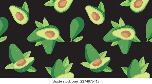 Seamless pattern with avocado. Healthy vegan food. Whole avocado, halves of avocado and leaves. Botanical elements isolated on a black background. Vector abstract modern illustration.