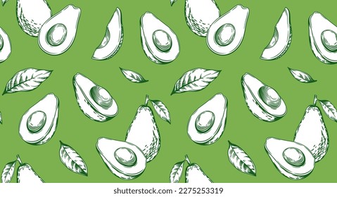 Patrón sin foco con aguacate. Alimentos veganos sanos. Ilustración dibujada a mano por vectores monocromos.