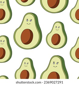 Patrón sin foco con aguacate. Alimentos veganos sanos. La mitad del aguacate. Aislado sobre un fondo blanco.