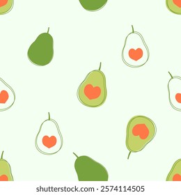 Seamless pattern with avocado and heart shape seed on green background vector. 