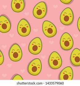 Seamless pattern with avocado and hearts. Smiling avocados on a pink background. Vector illustration for photon and fabrics.
