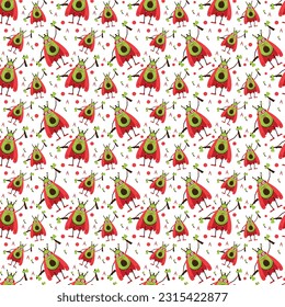 Seamless pattern Avocado hero character in Superhero costume and axe. Fruit character pattern