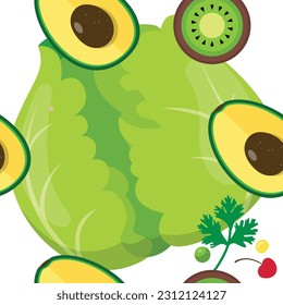 Seamless pattern of avocado and kiwi fruit on a large cabbage background. Vector illustration.