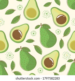 Seamless pattern avocado with leaf on yellow pastel background.