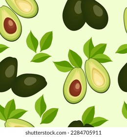 Seamless pattern with avocado and leaves. Healthy vegan food. Vector illustration.