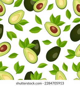 Seamless pattern with avocado and leaves. Healthy vegan food. Vector illustration.