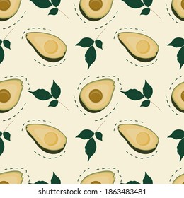 Seamless pattern with avocado and leaves. Interesting location with a dotted line. Vector illustration.