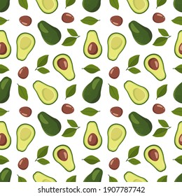 Seamless pattern with avocado and leaves on a white background. Bright cute spring or summer print with fruits or vegetables, healthy food for clothing, wrapping paper, web. Vector flat illustration