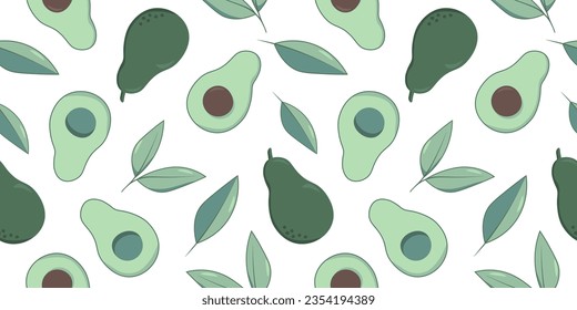Patrón sin soldadura con aguacate y hojas sobre fondo blanco