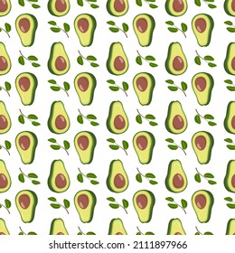 Patrón sin foco con aguacate y hojas. Impresión de verduras sanas, mitad y verde sobre fondo blanco. Ilustración plana del vector
