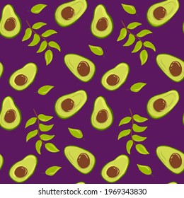 Vocado sin foco con hojas y ramas. Fondo morado. Fruta exótica. Dibujo manual de la ilustración del vector