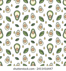 Nahtloses Muster mit Avocado und Blättern. Vektorökohintergrund.