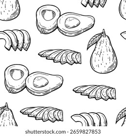 Modelo inconsútil Aguacate en estilo del arte de la línea. 
Diseño gráfico de contorno negro. Comida vegana tropical. Planta de naturaleza orgánica saludable. 
