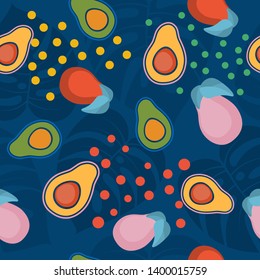 Seamless pattern with avocado and monstera leaves. Сontemporary Art. Vector illustration.
