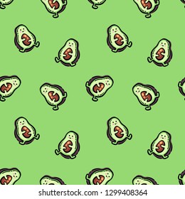 Seamless pattern. Avocado on a green background. Avocado sticker. Cute avocado half. Healthy vegetarian food. Cool stickers.