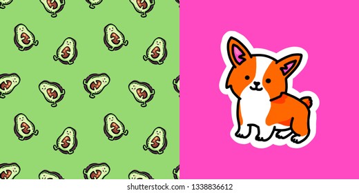 Seamless pattern. Avocado on a green background. Cute avocado half. Healthy vegetarian food. Cool little corgi dog. Trendy sticker on pink background.