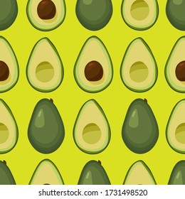 Patrón sin foco con aguacate sobre fondo verde. El aguacate verde se corta por la mitad. La vista desde arriba Cartel, afiche, papel de envoltura, diseño textil moderno, materiales publicitarios. Ilustración del vector