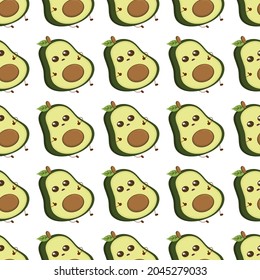 Nahtloses Muster. Avocado auf grünem Hintergrund. Avocado-Aufkleber Grüne Hälften eines Avocado mit einem Lächeln. Nahtlose Tapete, Vektorgrafik einzeln auf weißem Hintergrund.
