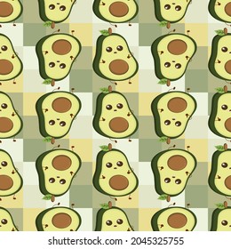 Seamless pattern. Avocado on a green background. Avocado sticker. Green halves of an avocado with a smile. Wallpaper seamless pattern, vector illustration isolated colorful background.