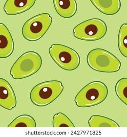 Seamless pattern with avocado on green background.Vector illustration.