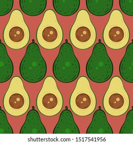 Seamless pattern with avocado on red background.