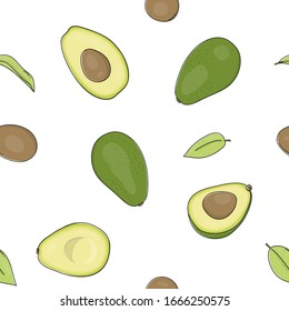 Seamless pattern with avocado on a white background. Colorful vector illustration in sketch style.