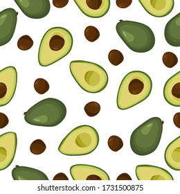 Patrón sin foco con aguacate sobre fondo blanco. Cortar en medio aguacate verde y semillas. La vista desde arriba Cartel, afiche, papel de envoltura, diseño textil moderno, materiales publicitarios. Vector