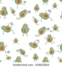 Patrón sin foco con aguacate sobre fondo blanco. Los frutos verdes juegan al fútbol con una pelota, golpean, atrapan, corren, se paran. Fútbol. Ilustración vectorial. Carácter kawaii bastante aislado. Fondo de escritorio