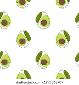 Seamless pattern with avocado on white background. Continuous one line drawing avocado. Black line art on white background with colorful spots. Vegan concept
