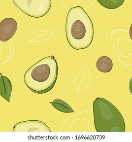 Seamless pattern with avocado on a yellow background. Colorful vector illustration in sketch style.