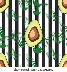 Seamless pattern with avocado and palm leaves and black and white stripes, hand-drawn