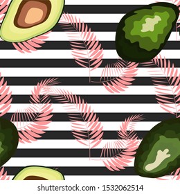 Seamless pattern of avocado with palm leaves dypsis lutescens on a striped background.