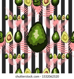 Seamless pattern of avocado with palm leaves dypsis lutescens on a striped background.