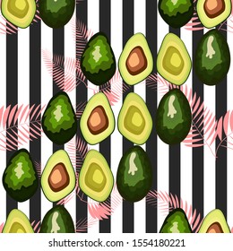 Seamless pattern of avocado with palm leaves dypsis lutescens on a striped background.