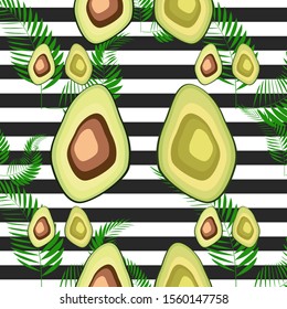 Seamless pattern with avocado and palm leaves and black and white stripes, hand-drawn