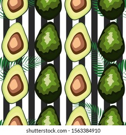Seamless pattern with avocado and palm leaves and black and white stripes, hand-drawn