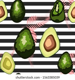 Seamless pattern of avocado with palm leaves dypsis lutescens on a striped background.