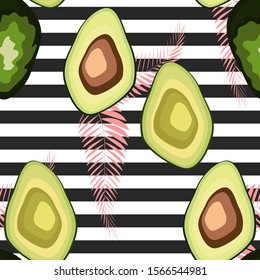 Seamless pattern of avocado with palm leaves dypsis lutescens on a striped background.
